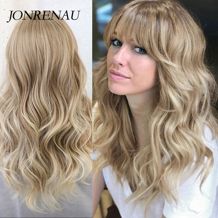 JONRENAU Synthetic Ombre Brown Mixed Blonde Wigs with Bangs Long Natural Wave Hair Party Wigs for White/Black Women