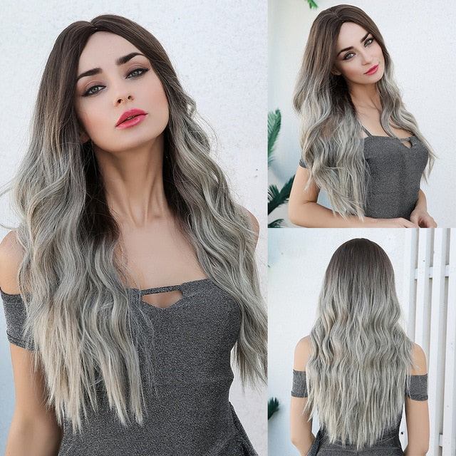 JONRENAU 24 Inches  Long Synthetic Natural Wave Brown Ombre Hair Wigs Heat Resistant Hair Wigs for Black Women