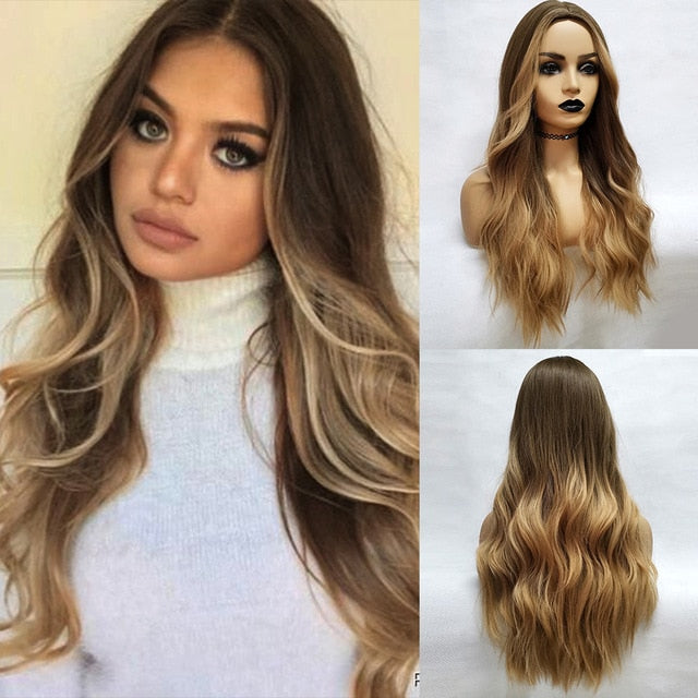 JONRENAU 24 Inches  Long Synthetic Natural Wave Brown Ombre Hair Wigs Heat Resistant Hair Wigs for Black Women