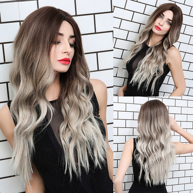 JONRENAU 24 Inches  Long Synthetic Natural Wave Brown Ombre Hair Wigs Heat Resistant Hair Wigs for Black Women