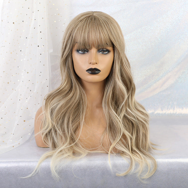 JONRENAU Synthetic Ombre Brown Mixed Blonde Wigs with Bangs Long Natural Wave Hair Party Wigs for White/Black Women