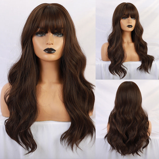 JONRENAU Synthetic Ombre Brown Mixed Blonde Wigs with Bangs Long Natural Wave Hair Party Wigs for White/Black Women