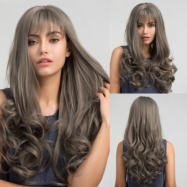 JONRENAU Synthetic Ombre Brown Mixed Blonde Wigs with Bangs Long Natural Wave Hair Party Wigs for White/Black Women