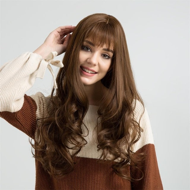 JONRENAU Synthetic Ombre Brown Mixed Blonde Wigs with Bangs Long Natural Wave Hair Party Wigs for White/Black Women