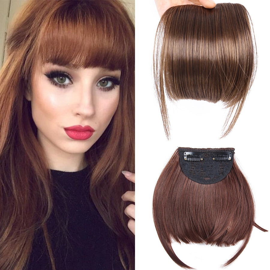 AliLeader Neat Front Fringe Clip On Bangs Hairpiece Black Brown Blonde Natural Soft Synthetic Bang Hair Extensions for Women