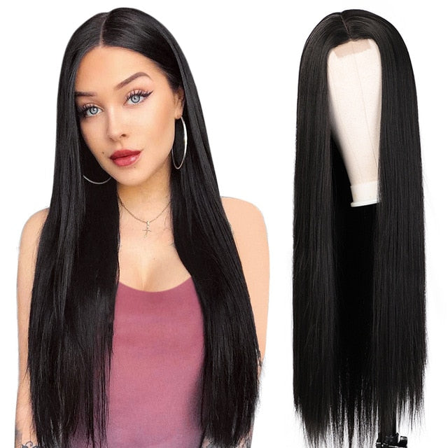 AISI HAIR Long Straight Black Wig Synthetic Wigs for Women Natural Middle Part Lace Wig Heat Resistant Fiber Natural Looking Wig