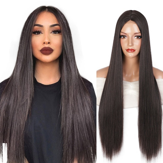 AISI HAIR Long Straight Black Wig Synthetic Wigs for Women Natural Middle Part Lace Wig Heat Resistant Fiber Natural Looking Wig